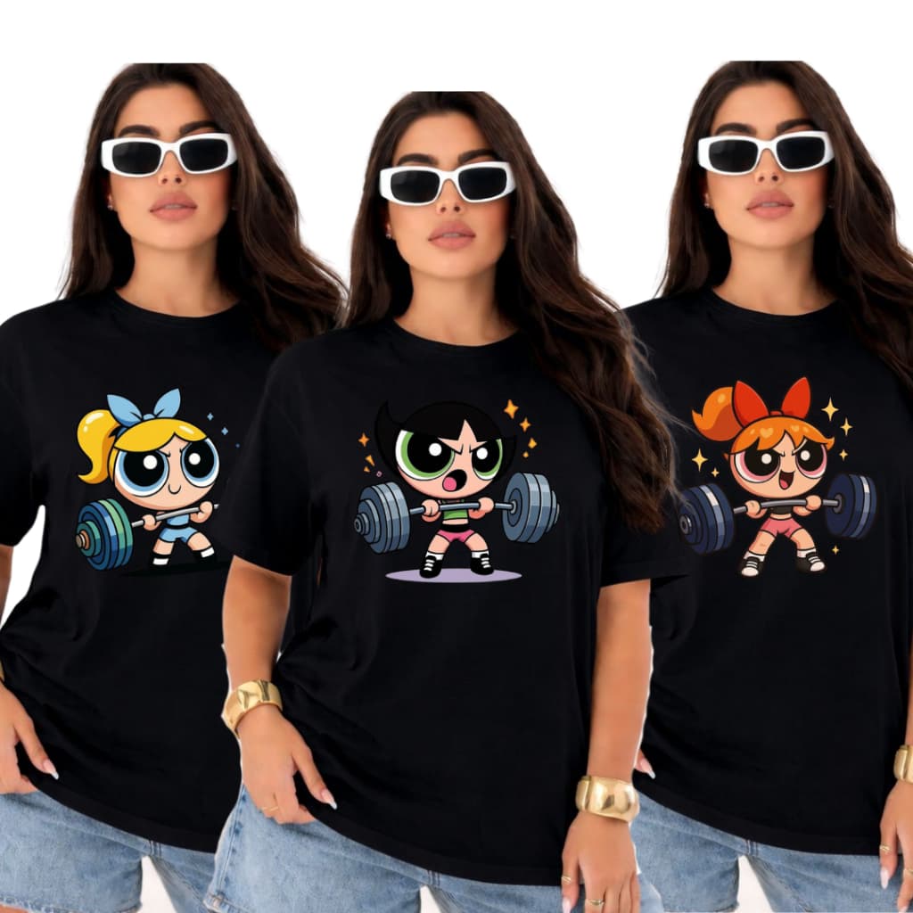Kit 3 Camiseta Feminina Tshirt meninas super Poderosas fit Gym Academia 100% Algodão