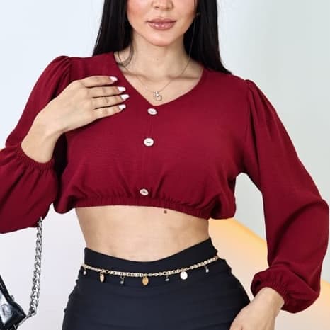Blusa Cropped Feminina Tecido Duna Manga Longa com Botões