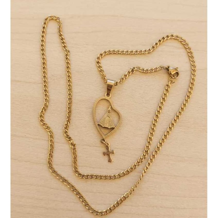 Pingene Nossa Senhora Aparecida + Corrente 3 mm em Aço Inoxidável