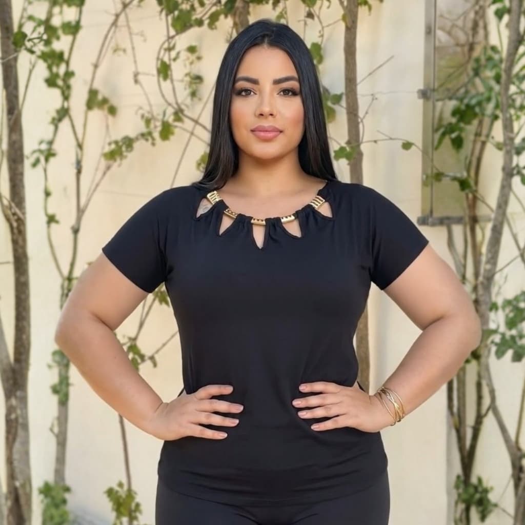 Blusa Feminina Elegante Manga Curta Plus Size Estilosa Fivela Vazado Gola Detalhe Roupa Casual Malha Viscolycra Moda