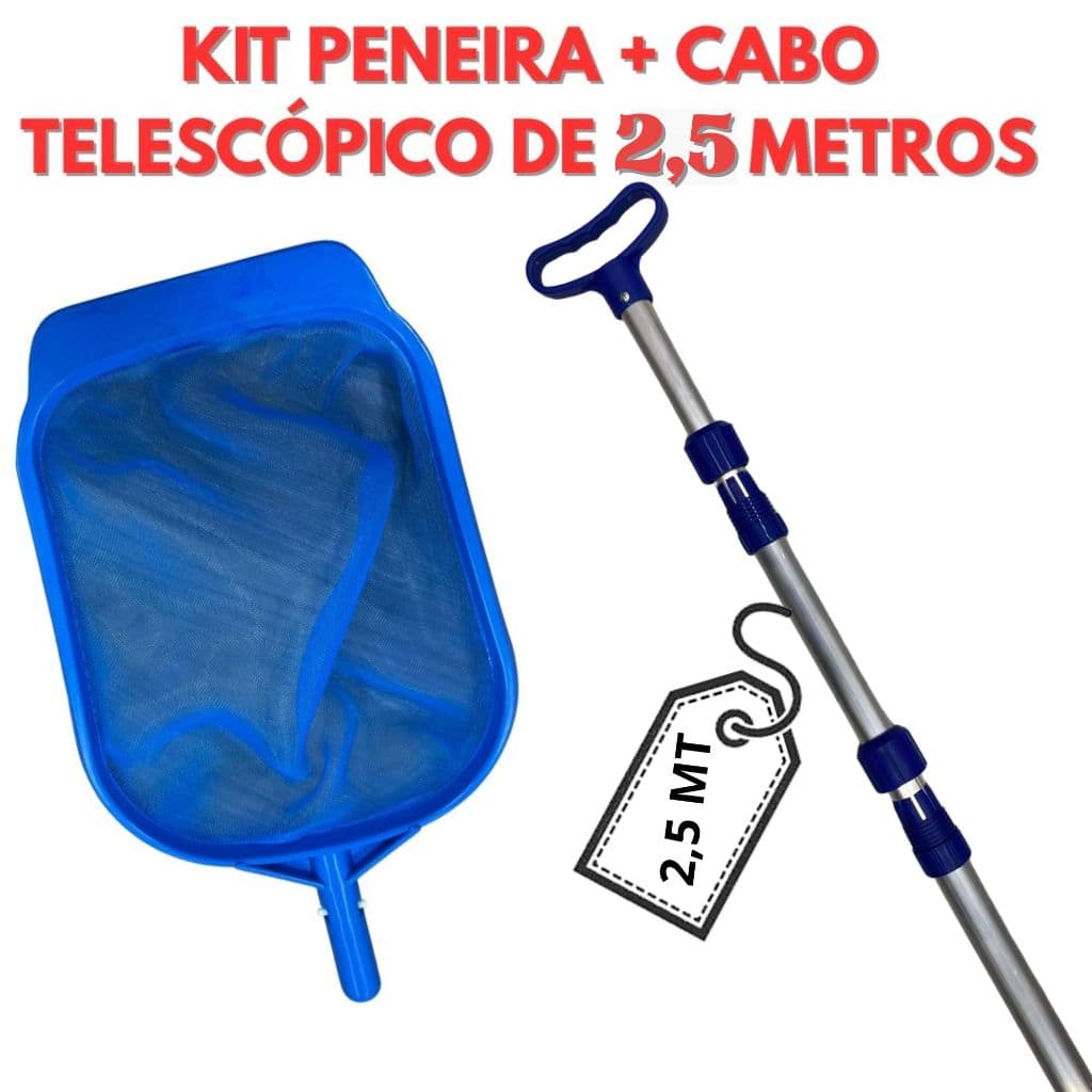 Kit Peneira Plástica + Cabo Telescópico 2,5 Metros Para Limpeza de Piscinas