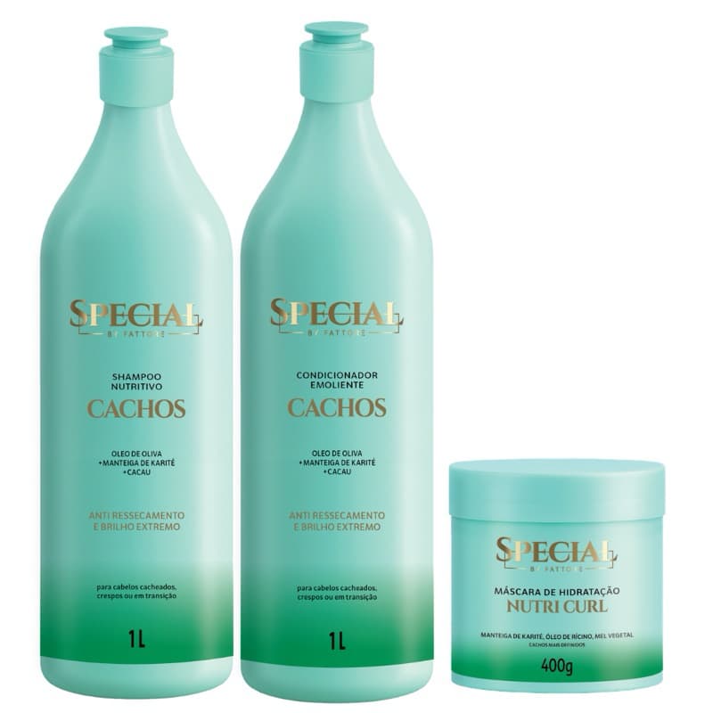 Kit Shampoo 1L, Condicionador 1L e Máscara 400g, Special By Fattore, Lisos, Cachos e Pós Química