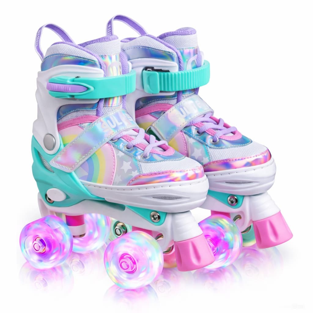 Patins Roller Infantil Quad Arco Iris Rainbowstars com LED em todas as rodinhas Top
