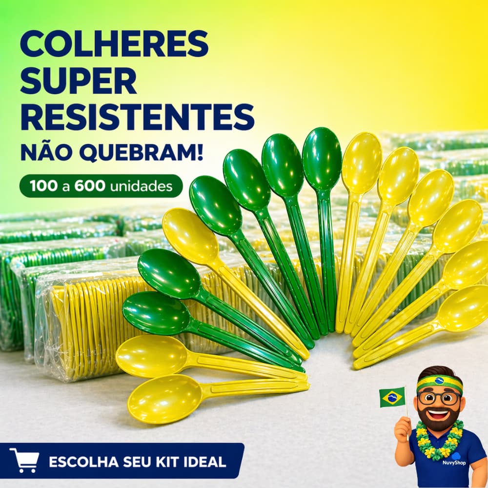 Colher Verde e Amarela Reforçada Não Quebra 14cm Kit 100 a 600 Festa Copa Brasil