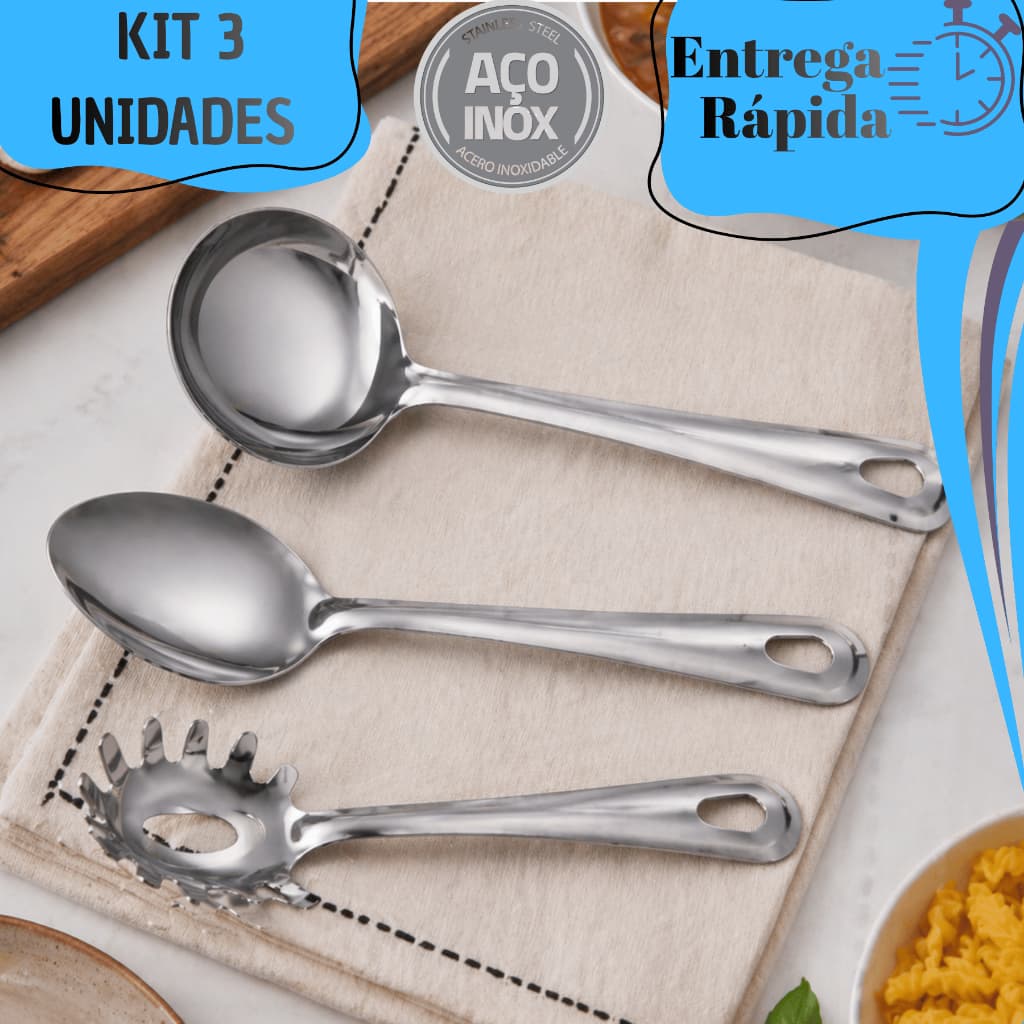 Kit Inox Cozinha Completo Colher Arroz Concha Pegador Massa Resistente Durável Premium