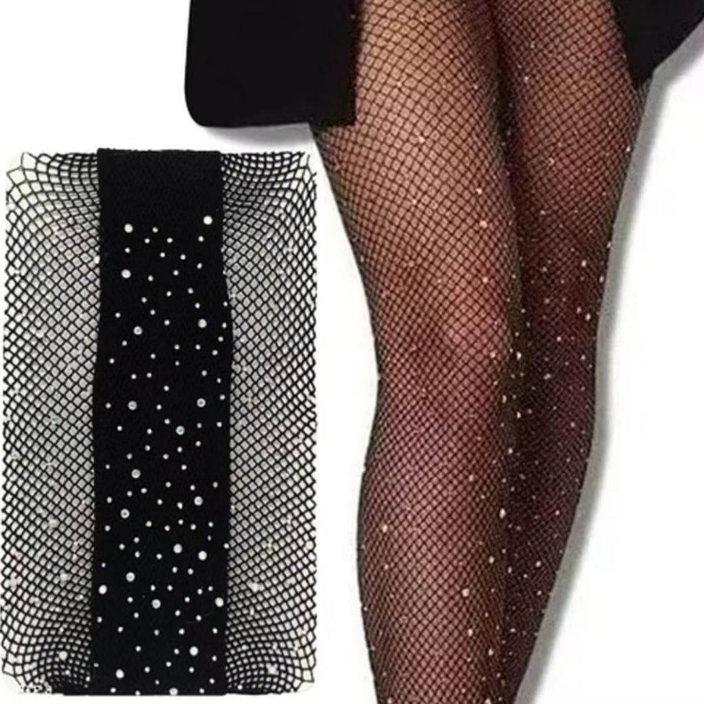 Meia Calça Arrastão Com Strass Brilho Trama Aberta Rede Moda