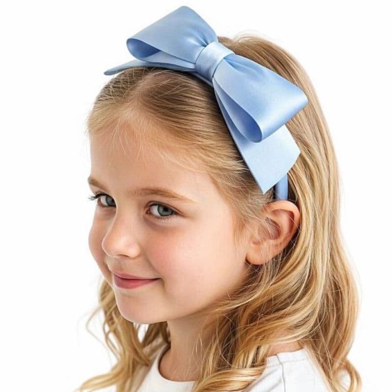 Tiara Infantil para Daminha Azul Bebê Laço em Seda Arco Flexível