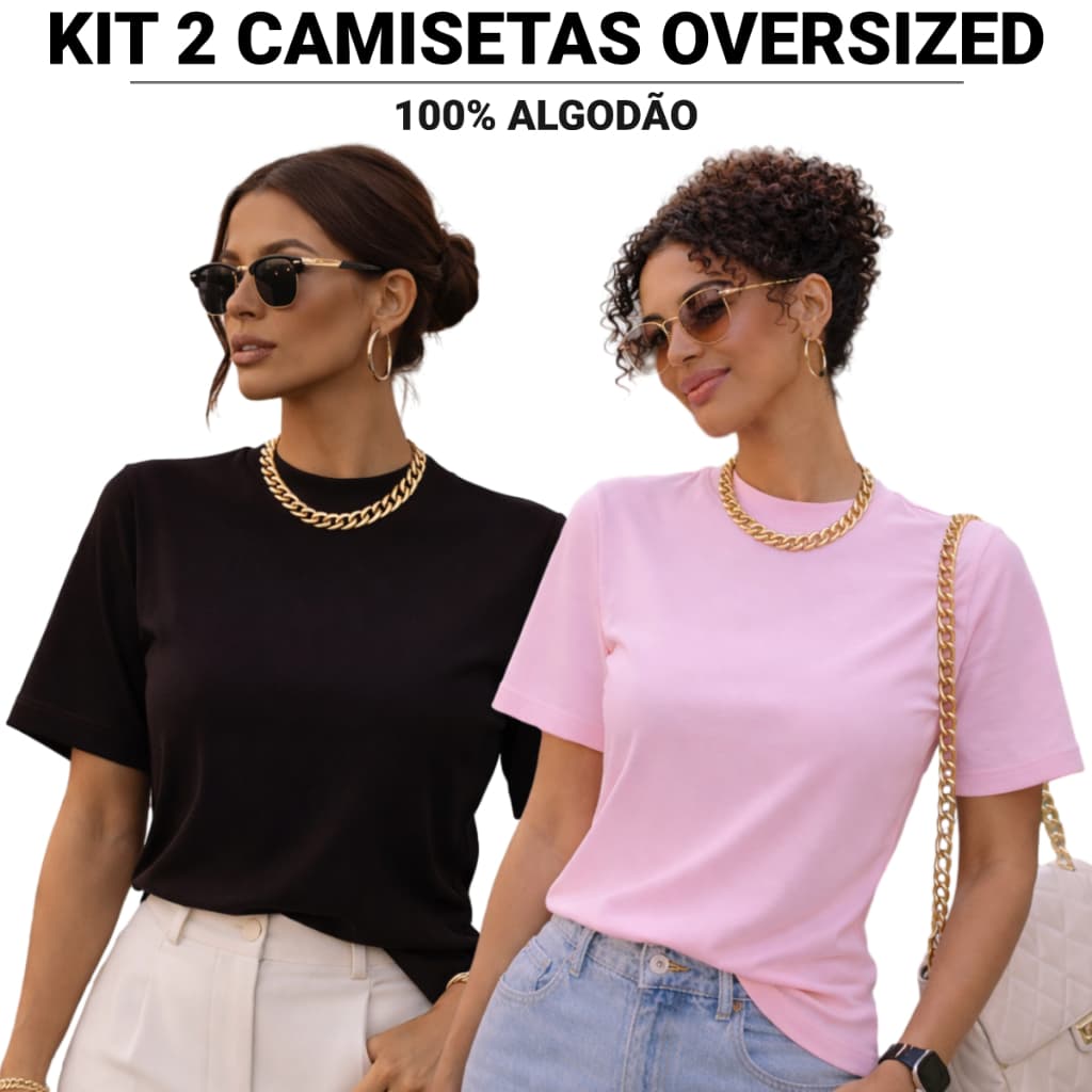 Kit 2 ou 1 Camiseta Oversized Feminina Gola Alta 100% Algodão Básica Premium Moda Blogueira