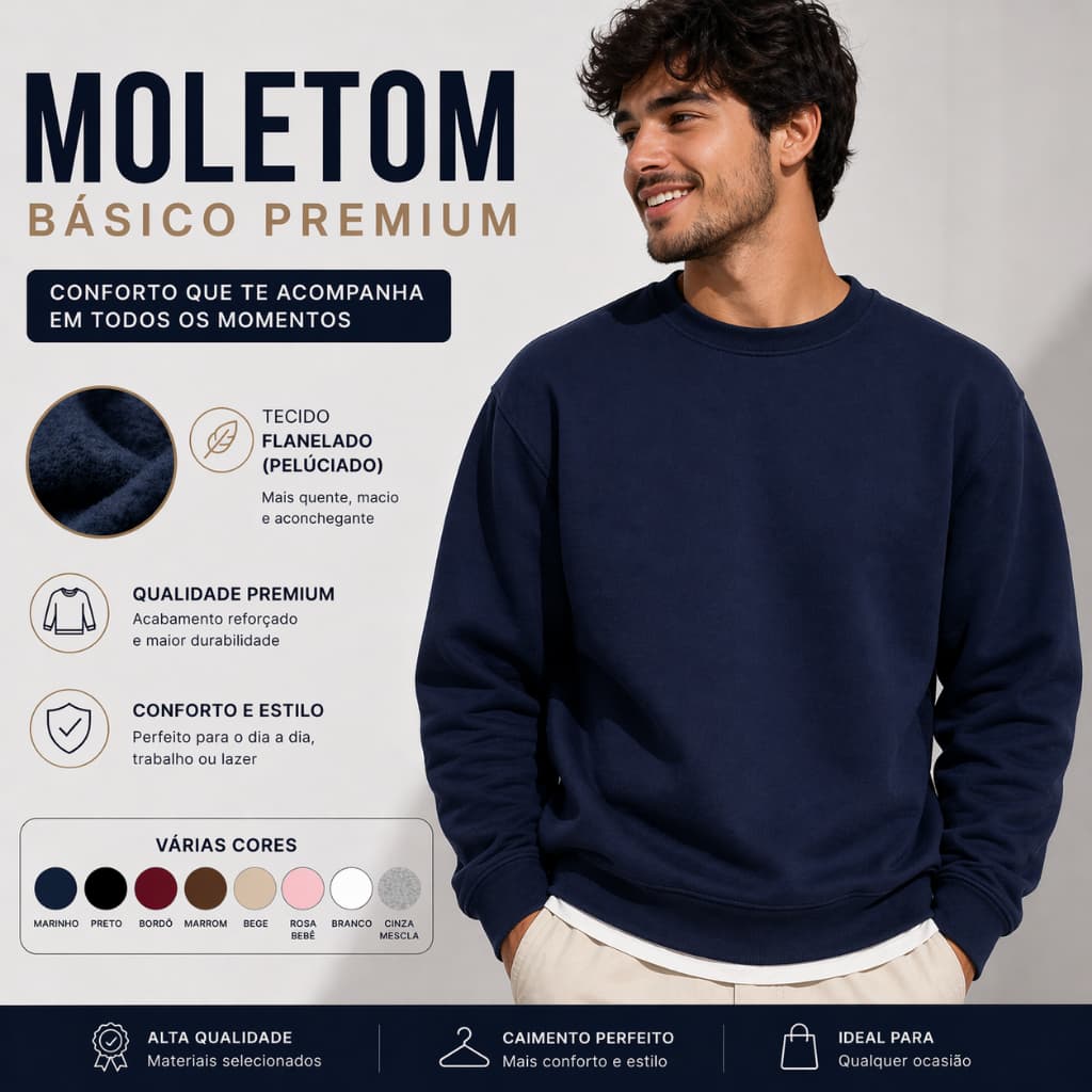 Blusa de Frio Moletom Masculino Sem Capuz Flanelado Peluciado Inverno Abrigo Térmico Básico Premium