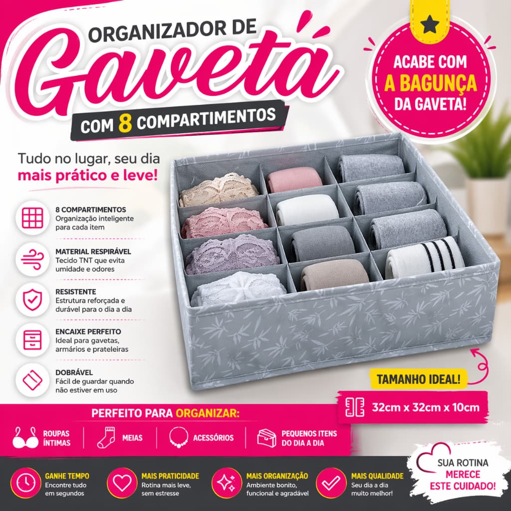 🔥 Organizador de Gaveta 8 Compartimentos Cinza Multiuso Resistente Alta Qualidade