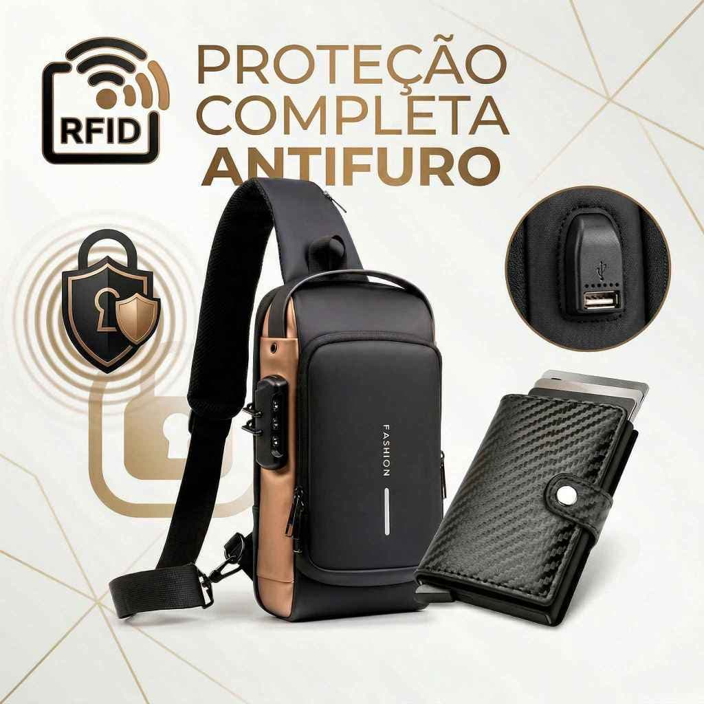 Kit Bolsa Antifurto + Carteira Slim RFID Pop-Up À Prova D'Água USB