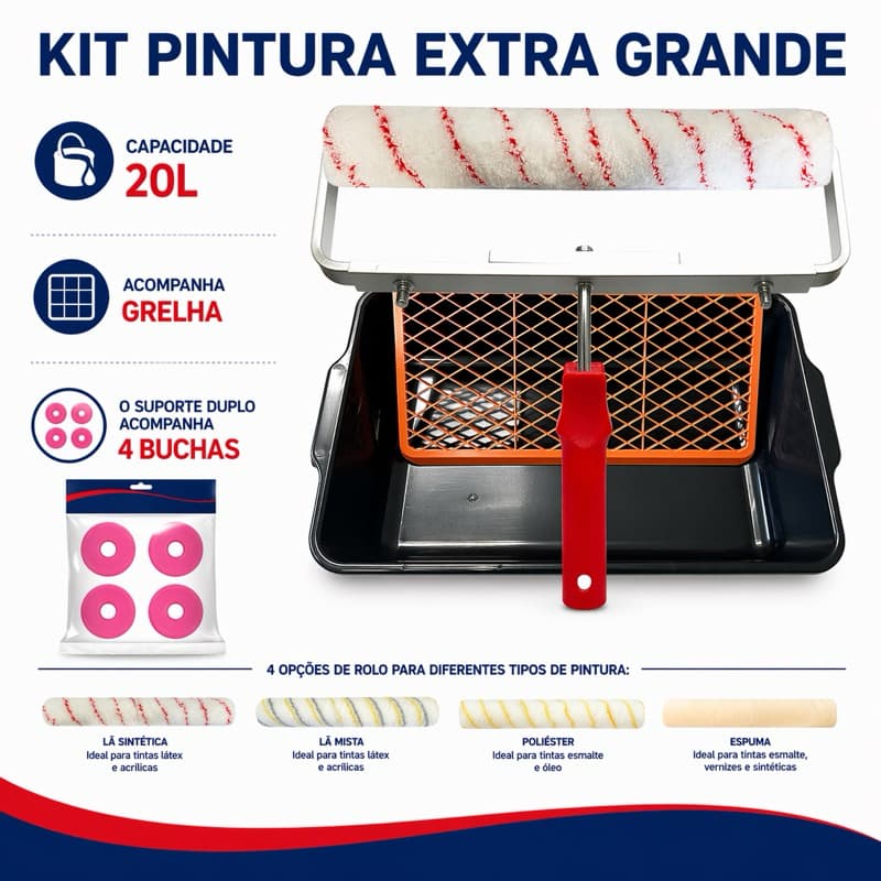 Kit Rolo de Pintura 46cm/34cm (4 MODELOS), Suporte Duplo c/ Buchas, Bandeja 20L c/Grelha