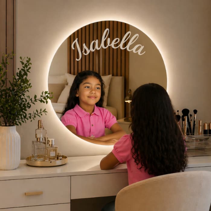 Espelho Personalizado Com Nome Iluminação Led 3 Cores e Botão Touch