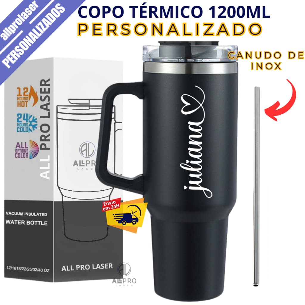 Copo Térmico 1200ml Com Alça E Canudo de Aço Inox Personalizado Com Nome