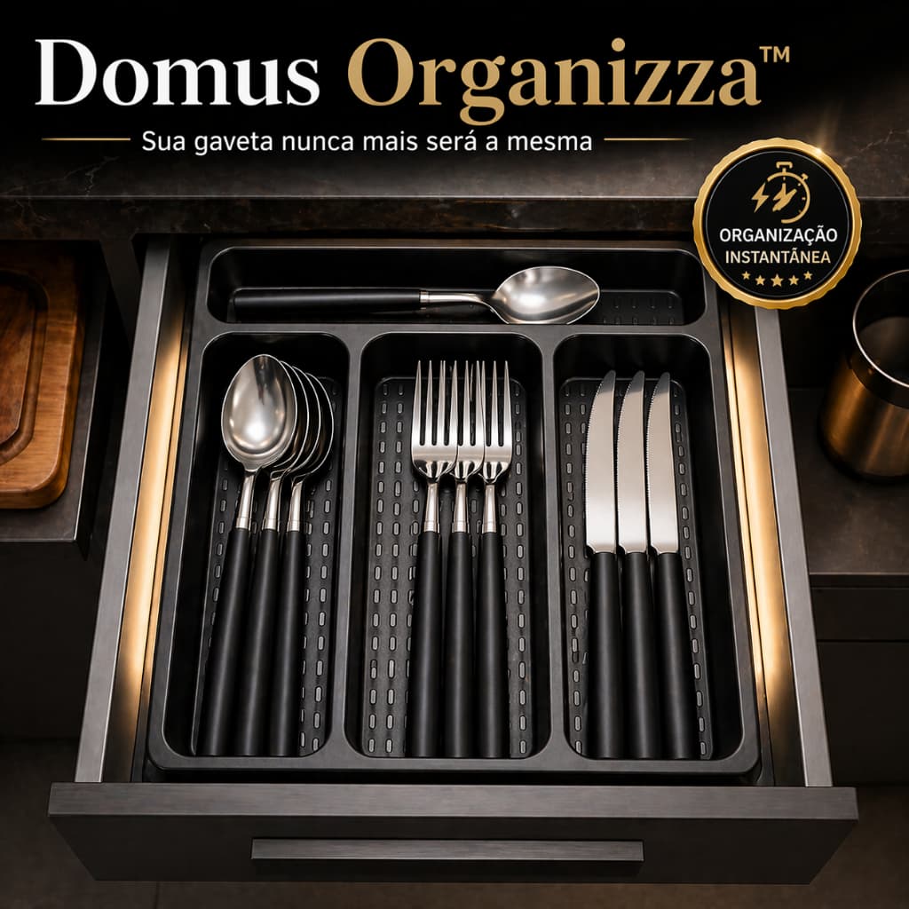 Faqueiro Inox 17 Peças com Organizador de Gaveta Preto Domus Organizza – Porta Talheres Moderno, Resistente e Compacto