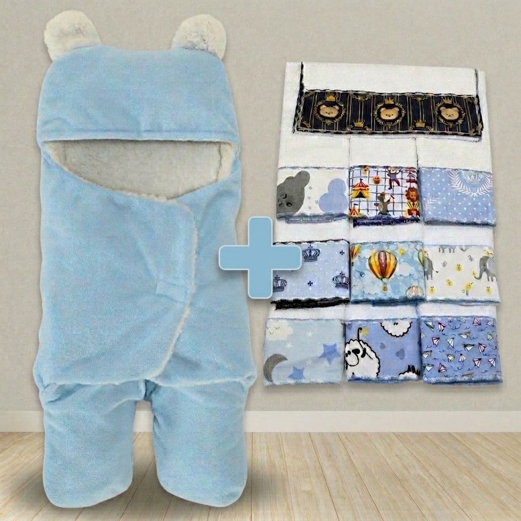 Kit Saco de Dormir Bebê Ursinho Sherpa + 6 Toalhas de Ombro Atoalhadas Overloque