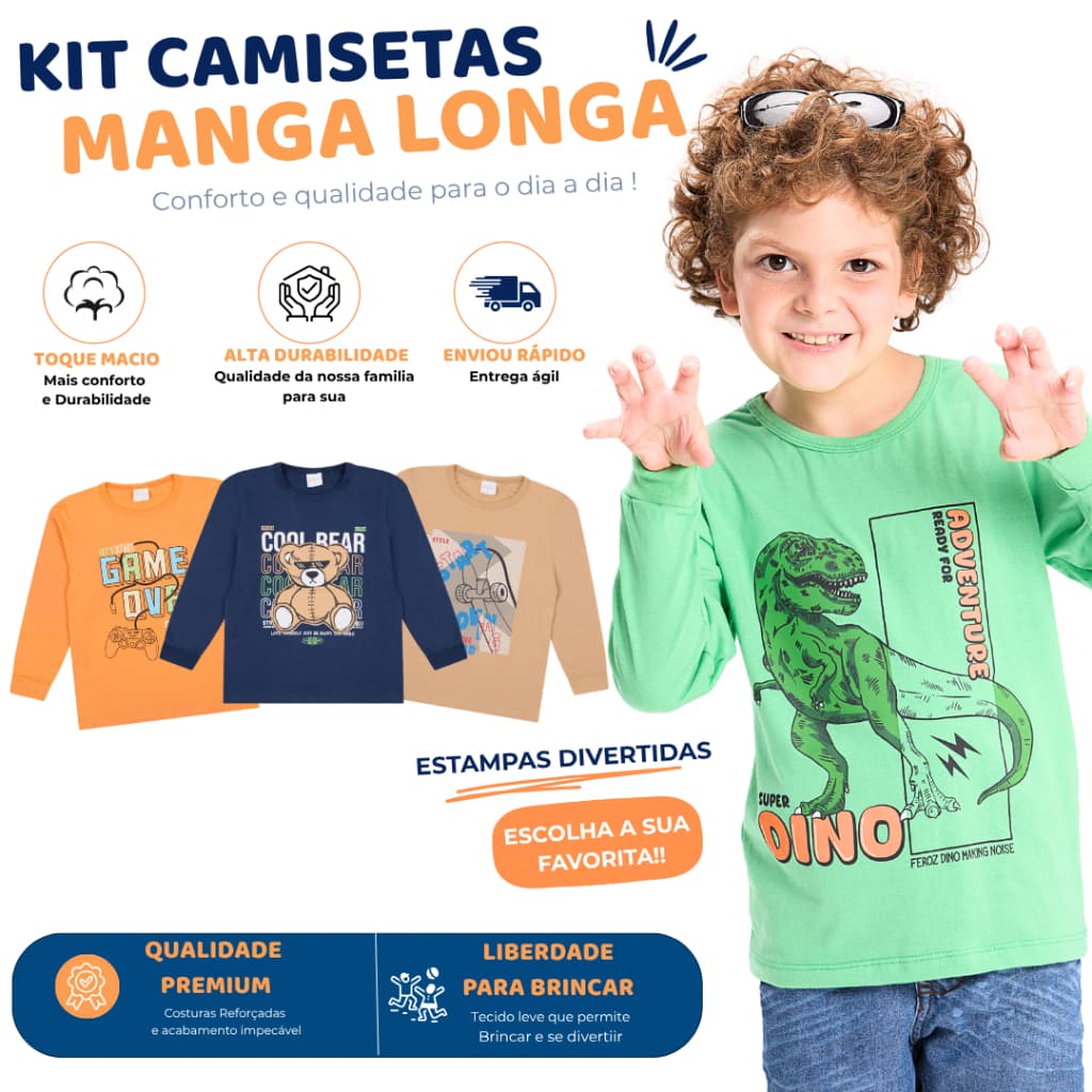 Kit 2 Camisetas Manga Longa Estampada Infantil Menino 2 ao 10 anos
