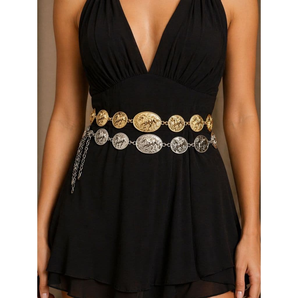 Cinto de Corrente Country feminino ajustável prata e dourado