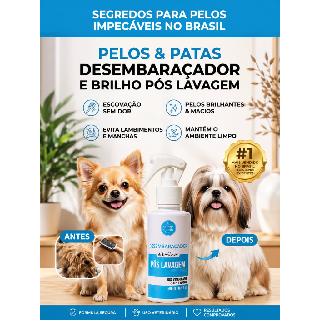 Loção Desembaraçadora Pet Pelos e Patas - Brilho Intenso, Tira Nós e Perfume Pós Banho Cães e Gatos
