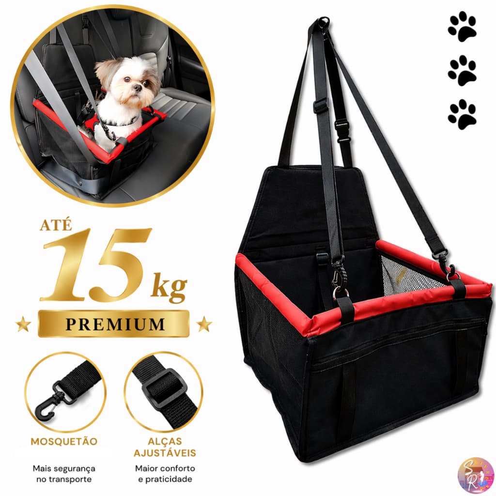 Assento para Carro Pet até 15kg Cães e Gatos Cadeirinha para Viagem Porta Petisco Preto Vermelho