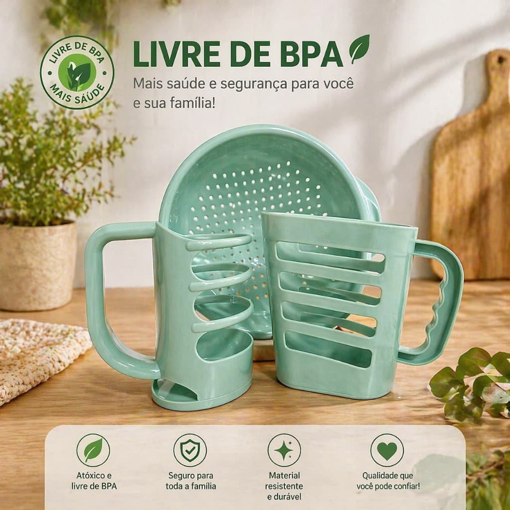Conjunto Cozinha Verde Menta Porta Óleo Porta Saco Leite e Escorredor
