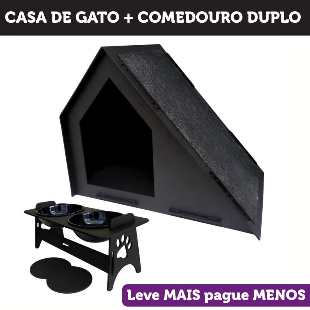 Kit Casa De Gato Pet + Comedouro Duplo Arranhador Para Gato Caminha MDF Cuidados Para Gatos Cachorro