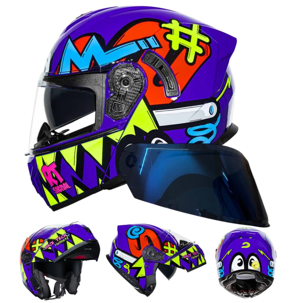 CAPACETE RACE TECH SIGNAL ARTICULADO STUFF ROXO ROBOCOP ÓCULOS INTERNO + VISEIRA COLORIDA E CRISTAL