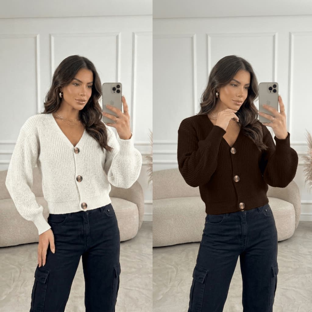 Kit 2 Casaco Feminino Curto Casaquinho Elegante Inverno Frio Tricot Botão Casual Blogueira