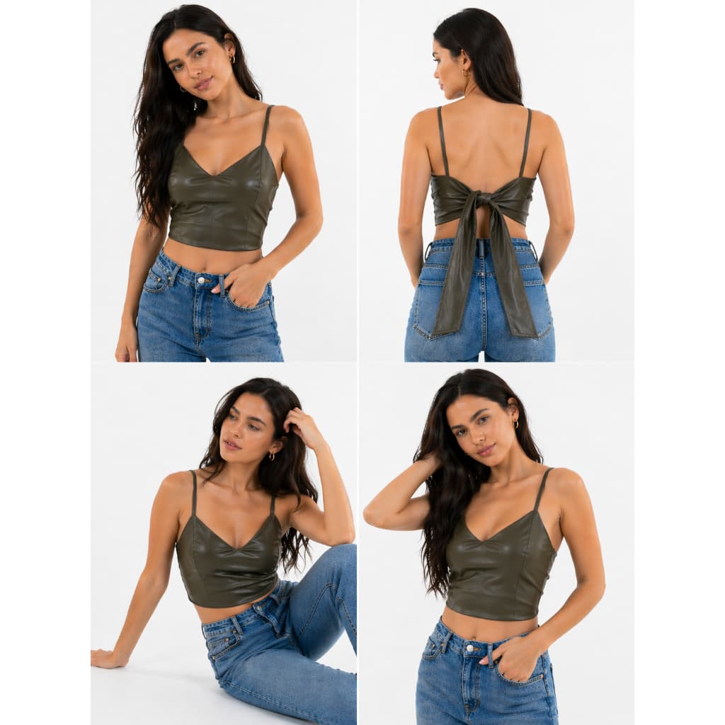 Cropped Feminino Alçinha Fina com amarraçâo nas costas Detalhe Com Bojo Confortável em Courinho