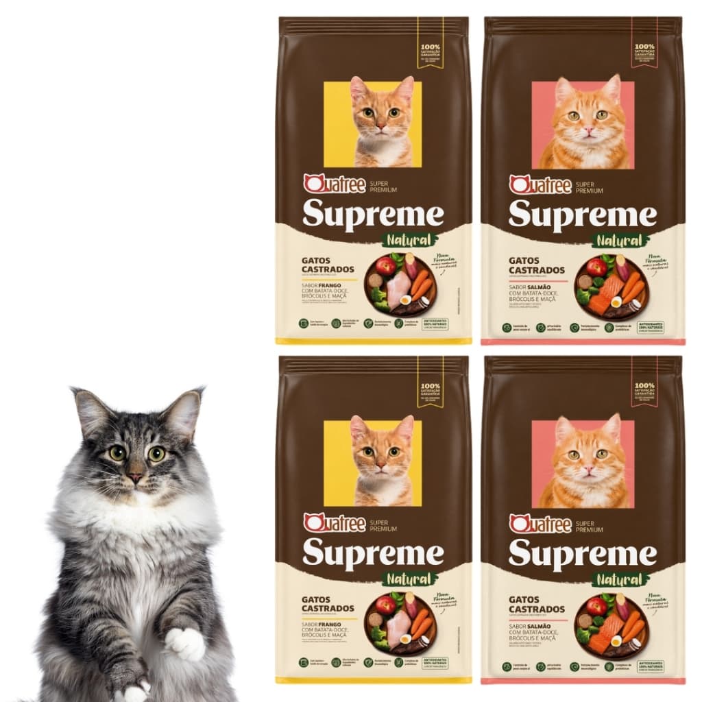Kit Com 4 Quatree Supreme Para Gatos Castrados 2 Sabor Frango 2 Sabor Salmão Total 4 Kg