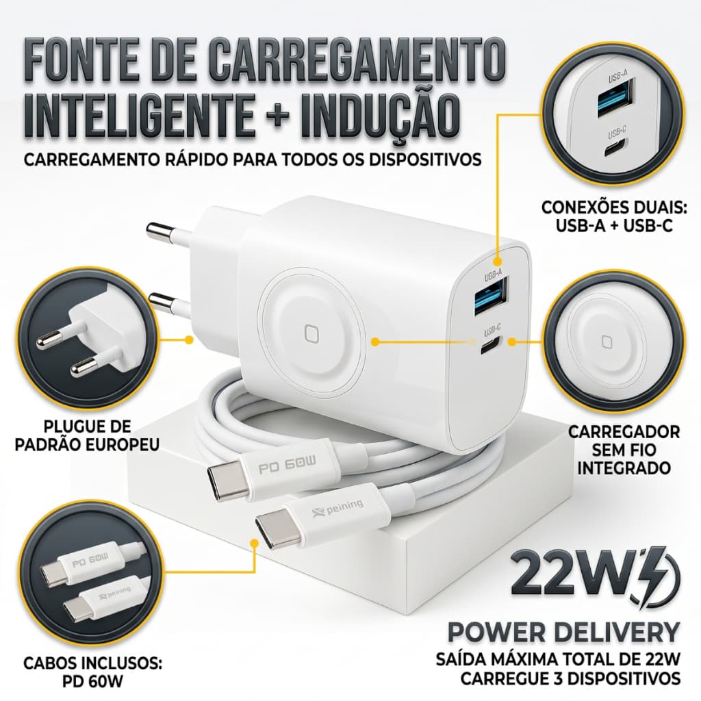 Carregador Branco Turbo Indução Pd 22w 2 Em 1 Compatível Apple Watch