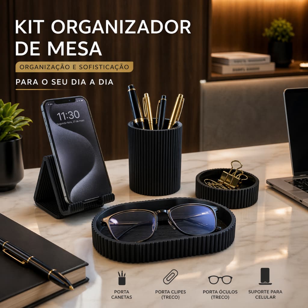 Kit Organizador de Mesa 4 em 1 Porta Canetas/ Clips/Óculos/Celular Escritório Home Office Decoração Multifuncional
