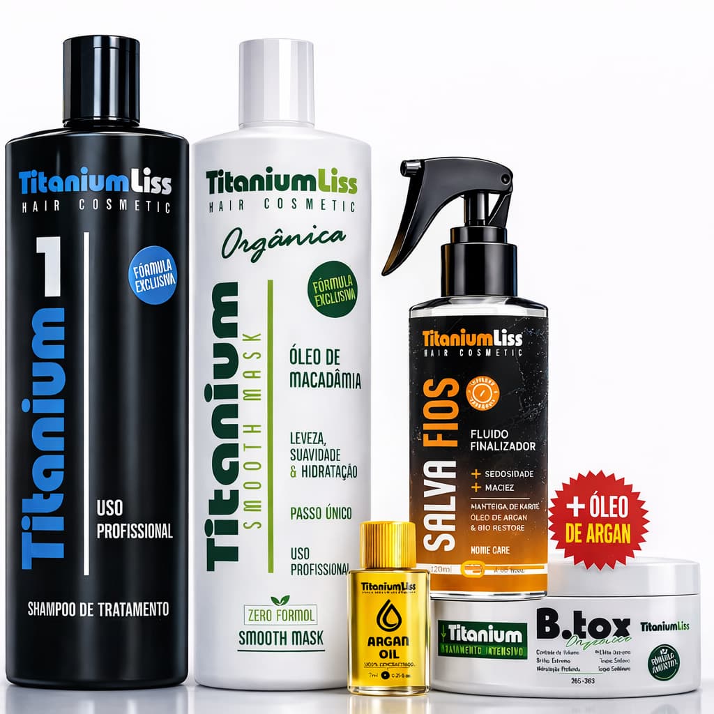 Progressiva Orgânica Sem Formol Titanium Liss  + BBtox + Fluido Salva Fios + Óleo de Argan – Liso Perfeito + Brilho