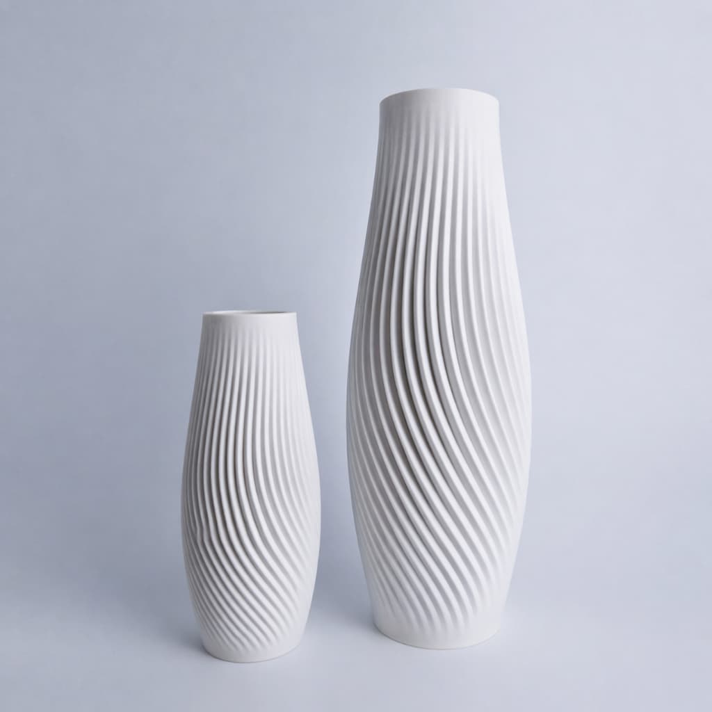 Vasos Decorativos Espiral 3D (Grande + Pequeno) – Vaso Moderno em PETG Alta Resistência | Decoração Minimalista