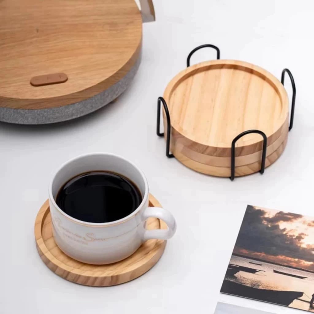 Kit Porta Copos De Bambu 4 Unidades Com Suporte Redondo E Octogonal Premium Decorativo Elegante -7578