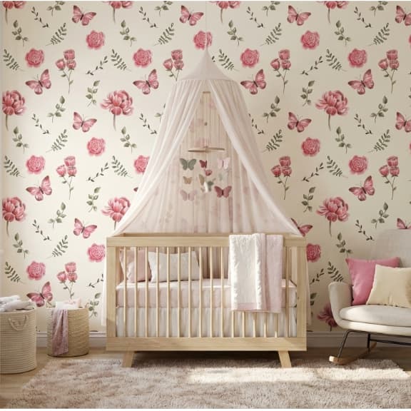 Papel de Parede Floral e Borboletas Rosa e Branco Auto Colante Lavável Decoração Quarto Infantil Bebê Menina Femino