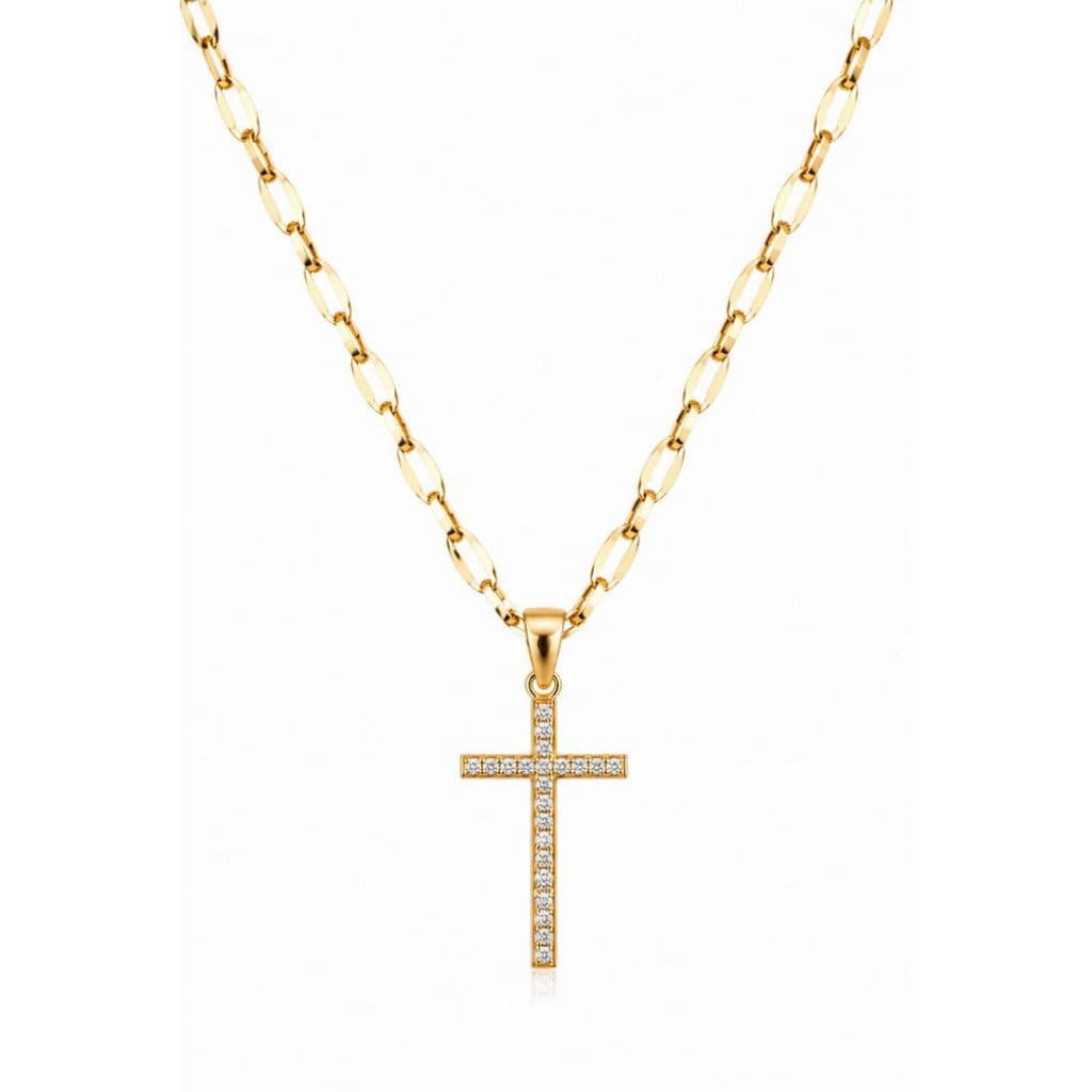 Colar Feminino Cruz Cravejada Zircônias Aço Inoxidável 316L 45cm Dourado Religioso