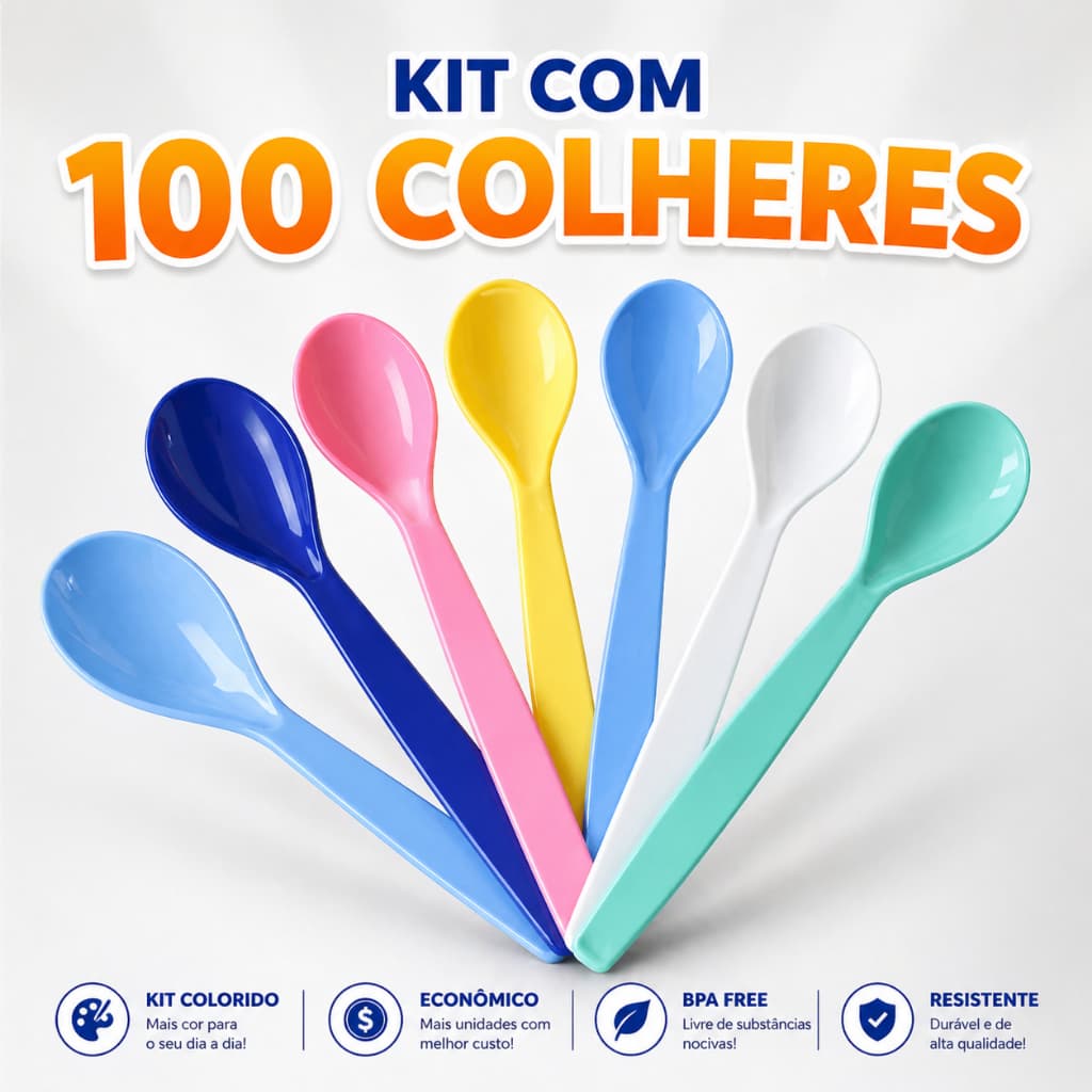 Colher de Plástico para Refeição Escola Sobremesa Festa Merenda Resistente Kit 100 Unidades
