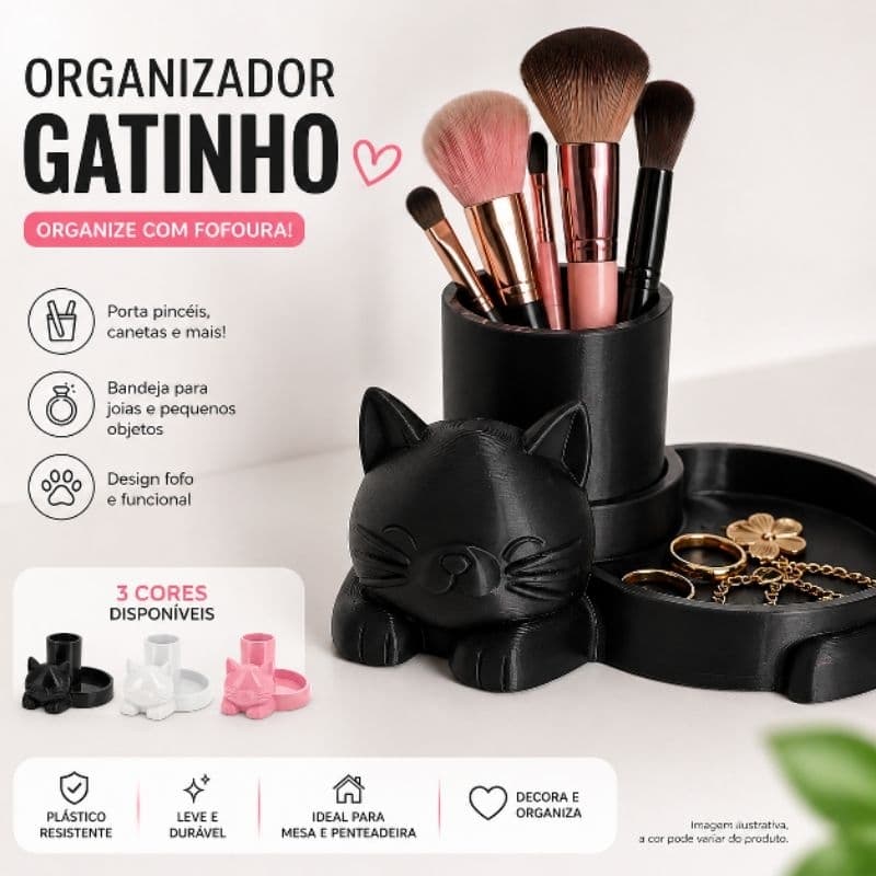 Organizador Gatinho Porta Maquiagem e Canetas Porta Pincéis e Acessórios Mesa Estudo Penteadeira Decorativo