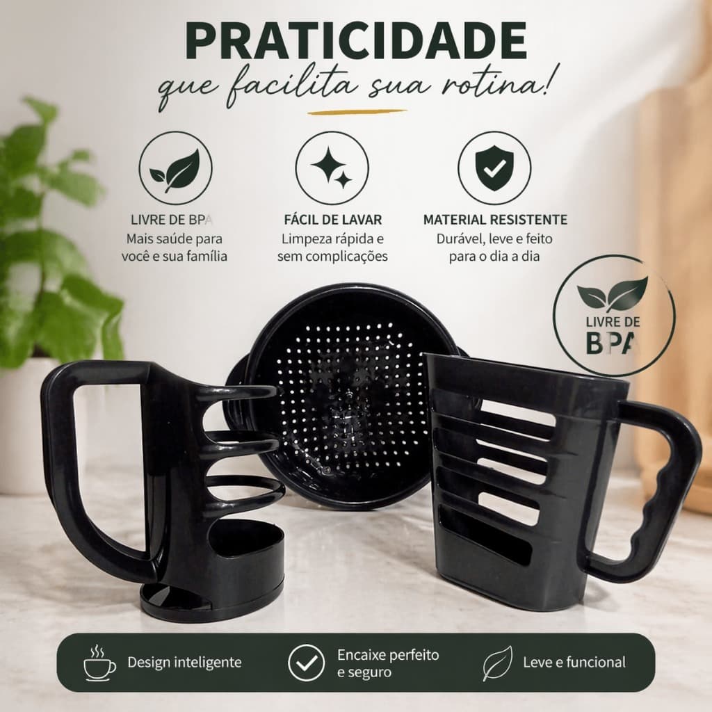 Kit Utensílios Cozinha Preto Porta Óleo Porta Leite Escorredor