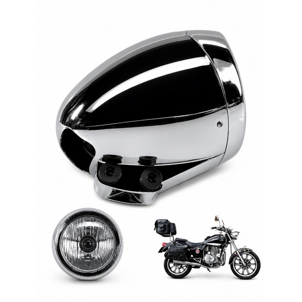 Farol Completo Bullet Para Motos Custom, Triciclos e Dafra Kansas 150 - Lente de Vidro e Chicote