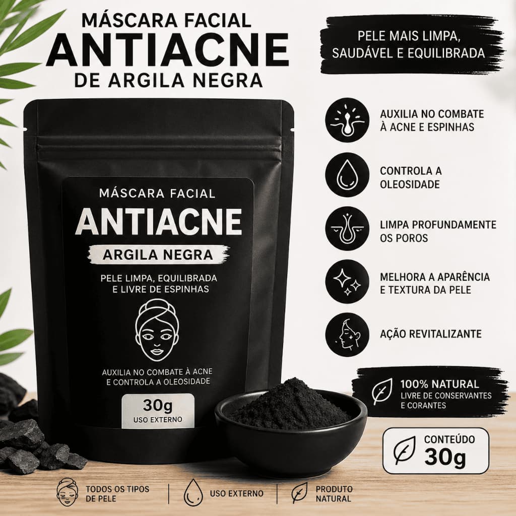 Mascara AntiAcne de Argila Negra Limpeza Profunda da Pele 30g