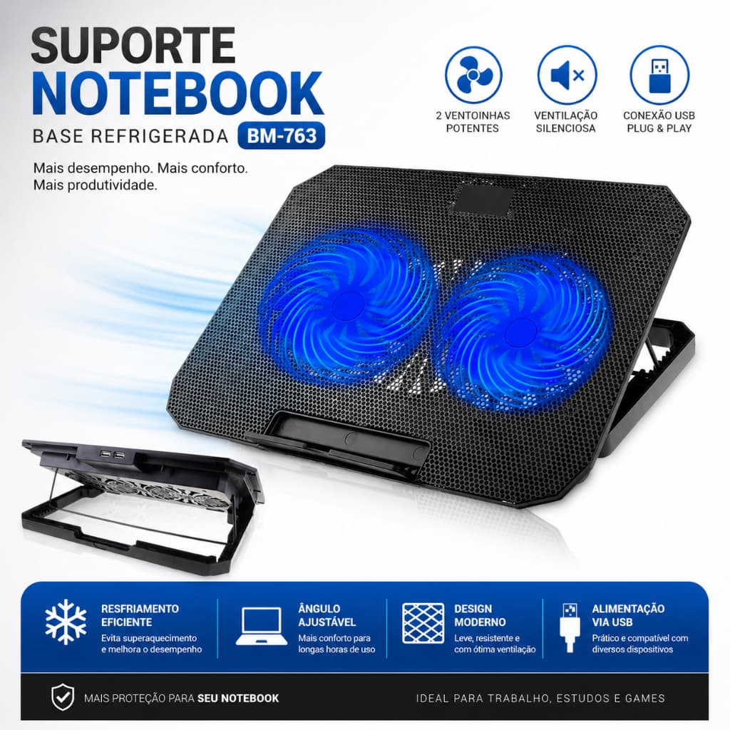 SUPORTE NOTEBOOK - Base Refrigerada Ventilação Silenciosa BM-763 10 à 17 Polegadas