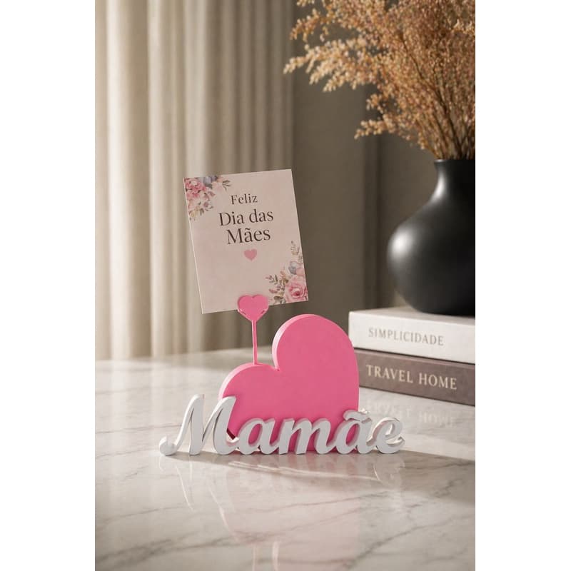 Porta Recado Decorativo Dia das Mães com Coração Rosa | Presente Criativo Mamãe | Suporte Foto/Cartão 3D