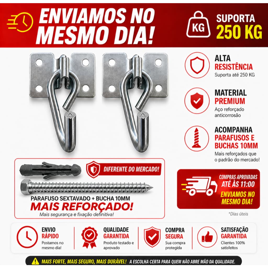 Gancho De Rede Armador Reforçado Aço Parafuso E Bucha Par 250kg