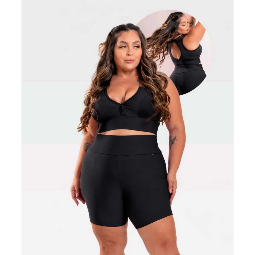 Conjunto Plus Size Top + Bermuda Fitness Academia Treino Básica Roupas Femininas Treino Malhar Moda Poliamida com bojo