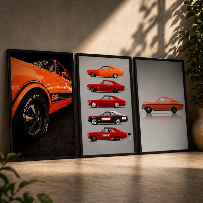 Kit 3 Quadros Decorativos Opala SS Chevrolet Carro Antigo Moldura Premium Vidro Sala Quarto Garagem Colecionador