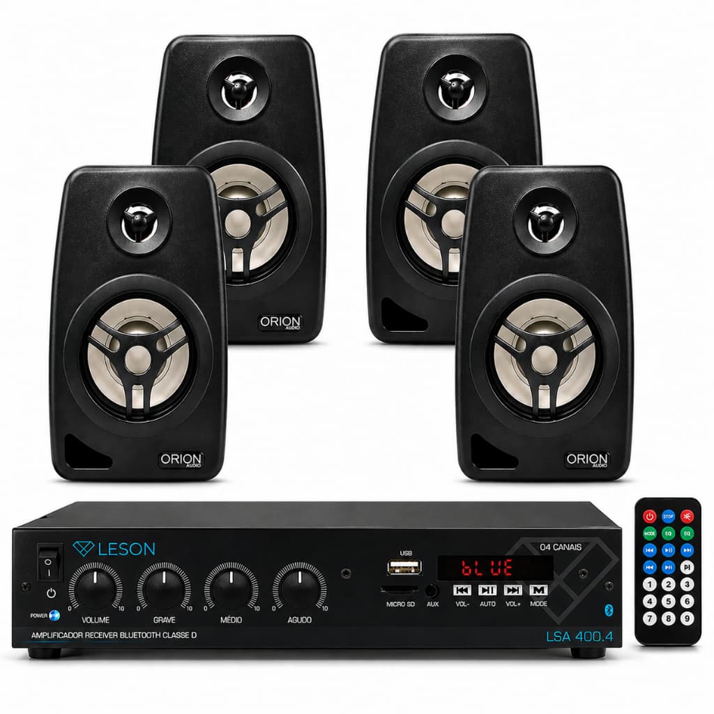 Kit 4 Caixas Som Ambiente 60W + Amplificador Bluetooth USB 4 Canais