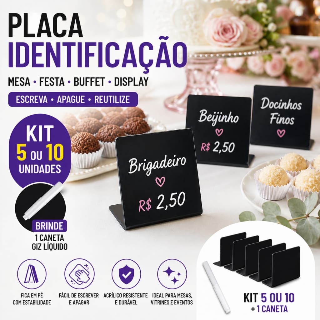 Placa Display Preço Buffet Mesa Self Service Vitrine Kit 5 ou 10 + Caneta