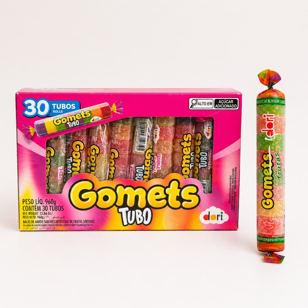Bala de Goma Gomets em Tubo Display Com 30Un Bala de Frutas